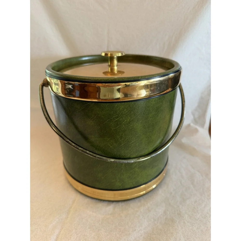 Vintage MCM Olive Green Leather Like Ice Bucket